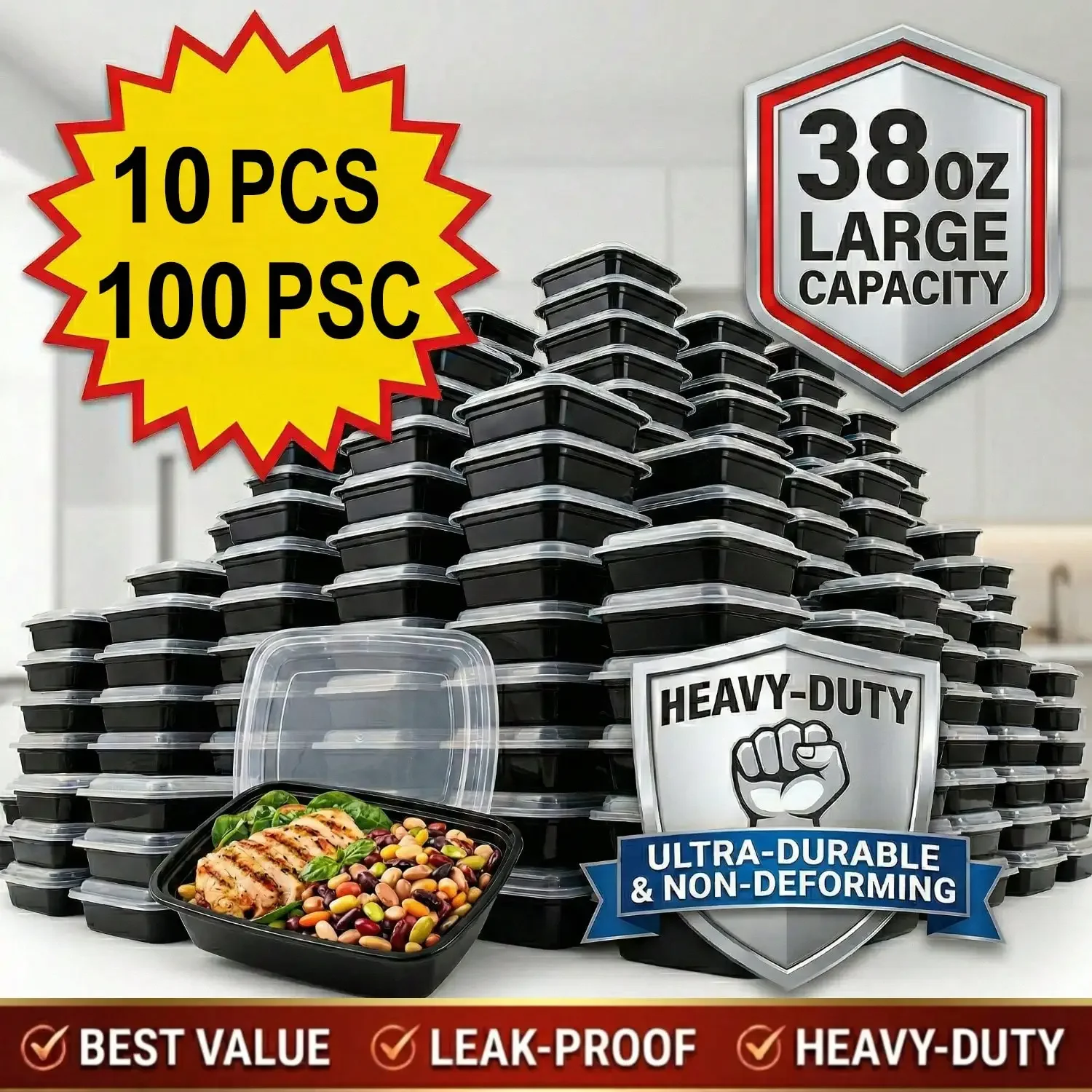 Bento Box - 10/100pcs 38oz Black Rectangular Meal Prep